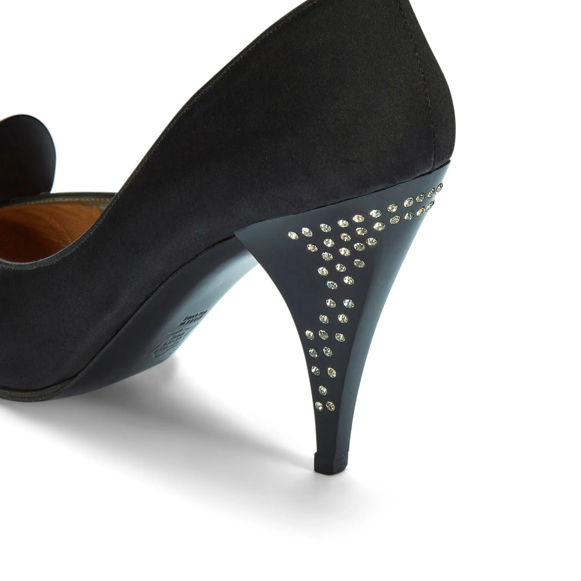 1970s Charles Jourdan for Raine Black Satin Diamante Heel Shoes
