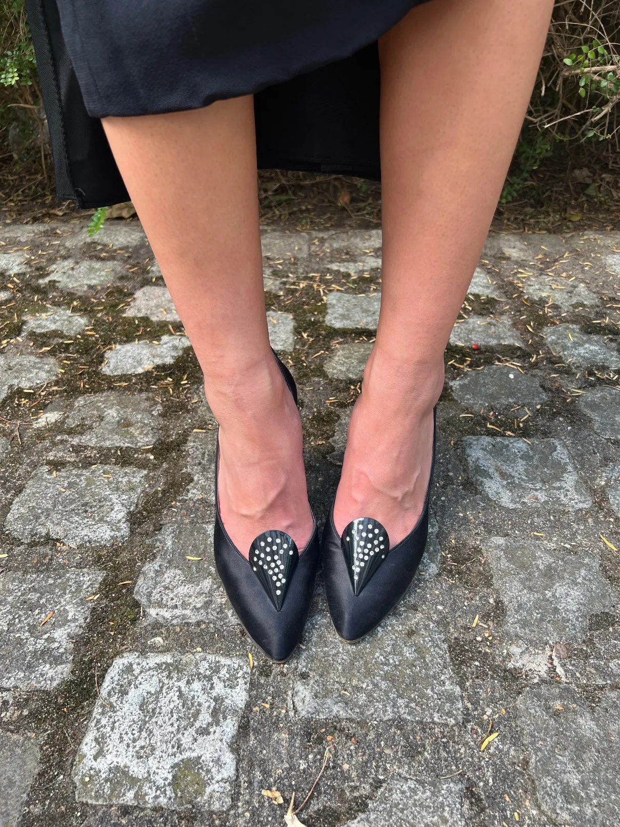 1970s Charles Jourdan for Raine Black Satin Diamante Heel Shoes