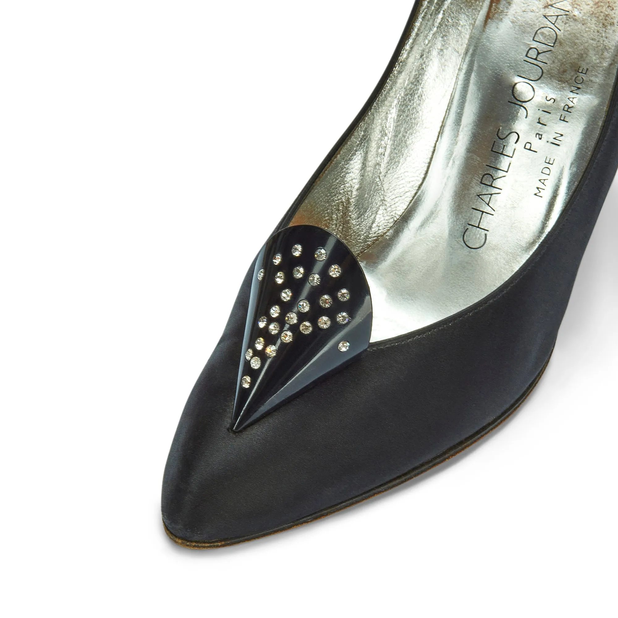 1970s Charles Jourdan for Raine Black Satin Diamante Heel Shoes