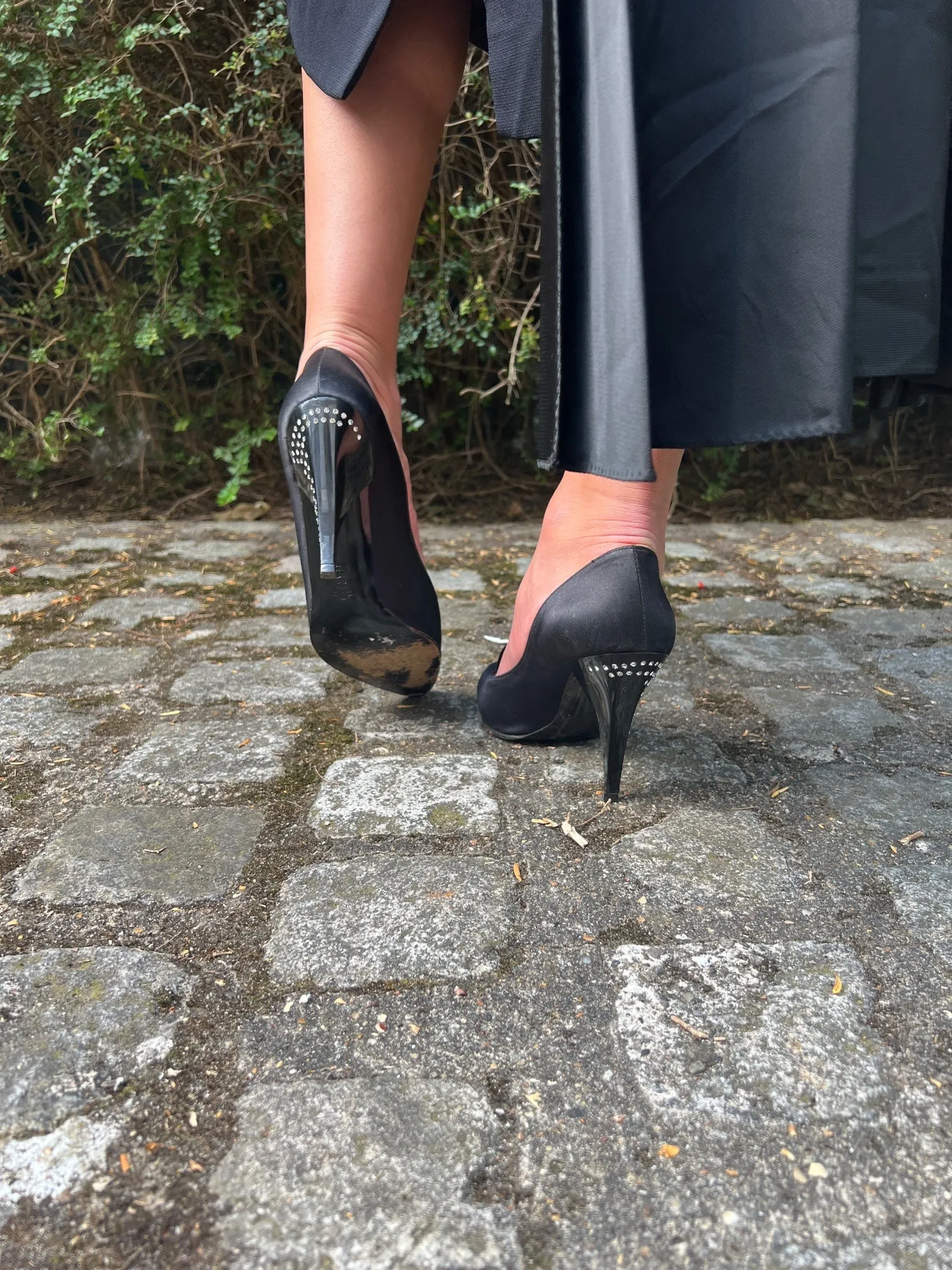 1970s Charles Jourdan for Raine Black Satin Diamante Heel Shoes