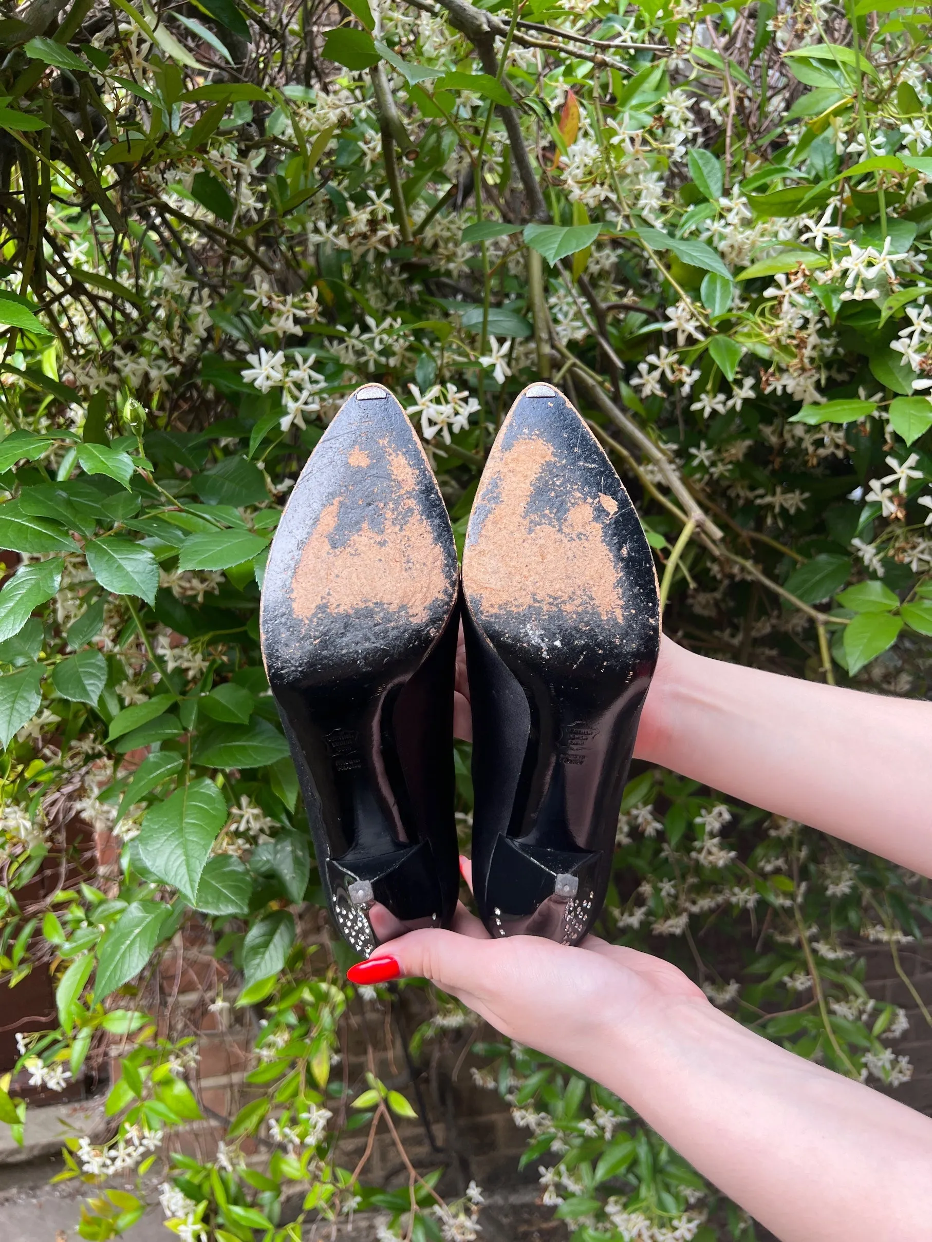 1970s Charles Jourdan for Raine Black Satin Diamante Heel Shoes