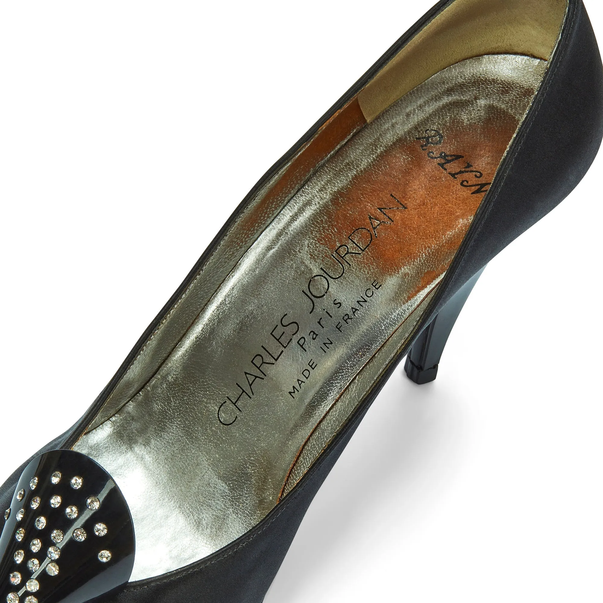 1970s Charles Jourdan for Raine Black Satin Diamante Heel Shoes