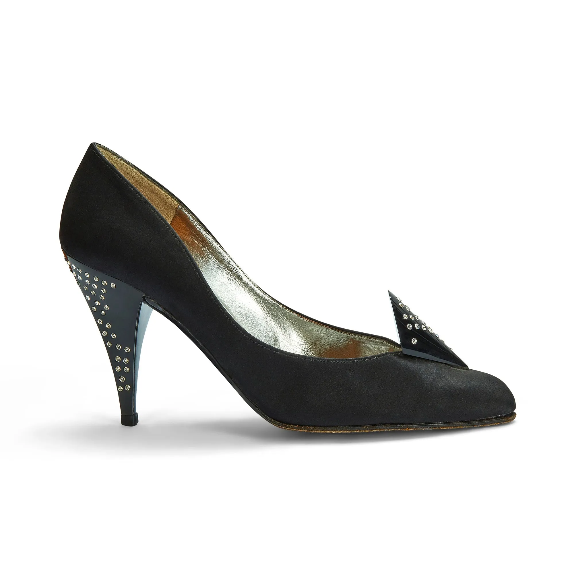 1970s Charles Jourdan for Raine Black Satin Diamante Heel Shoes