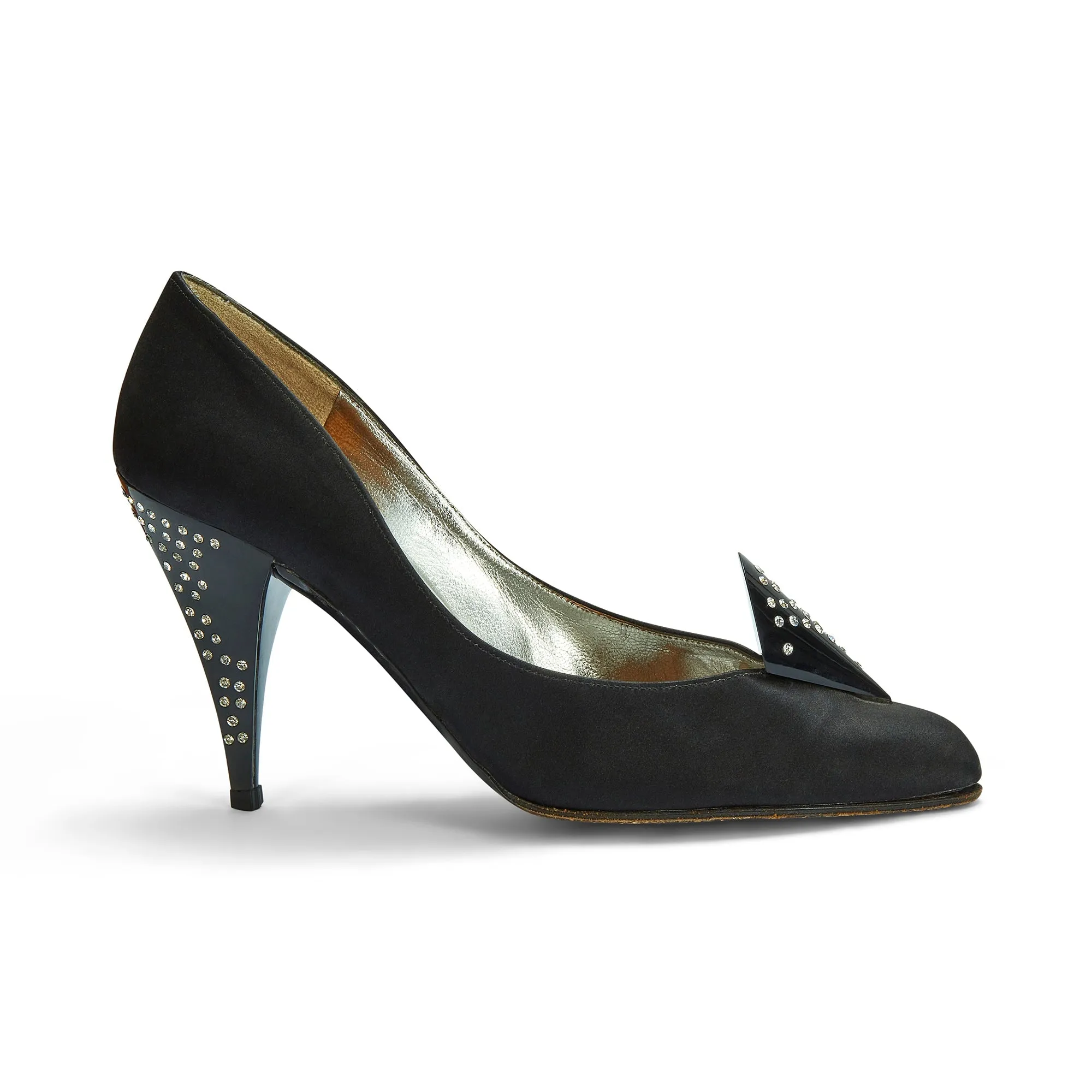 1970s Charles Jourdan for Raine Black Satin Diamante Heel Shoes