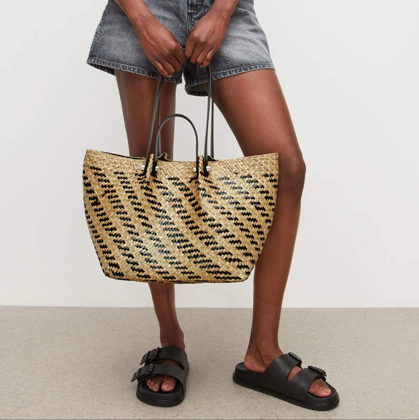 AllSaints Allington Straw Tote Bag In Black/Natural