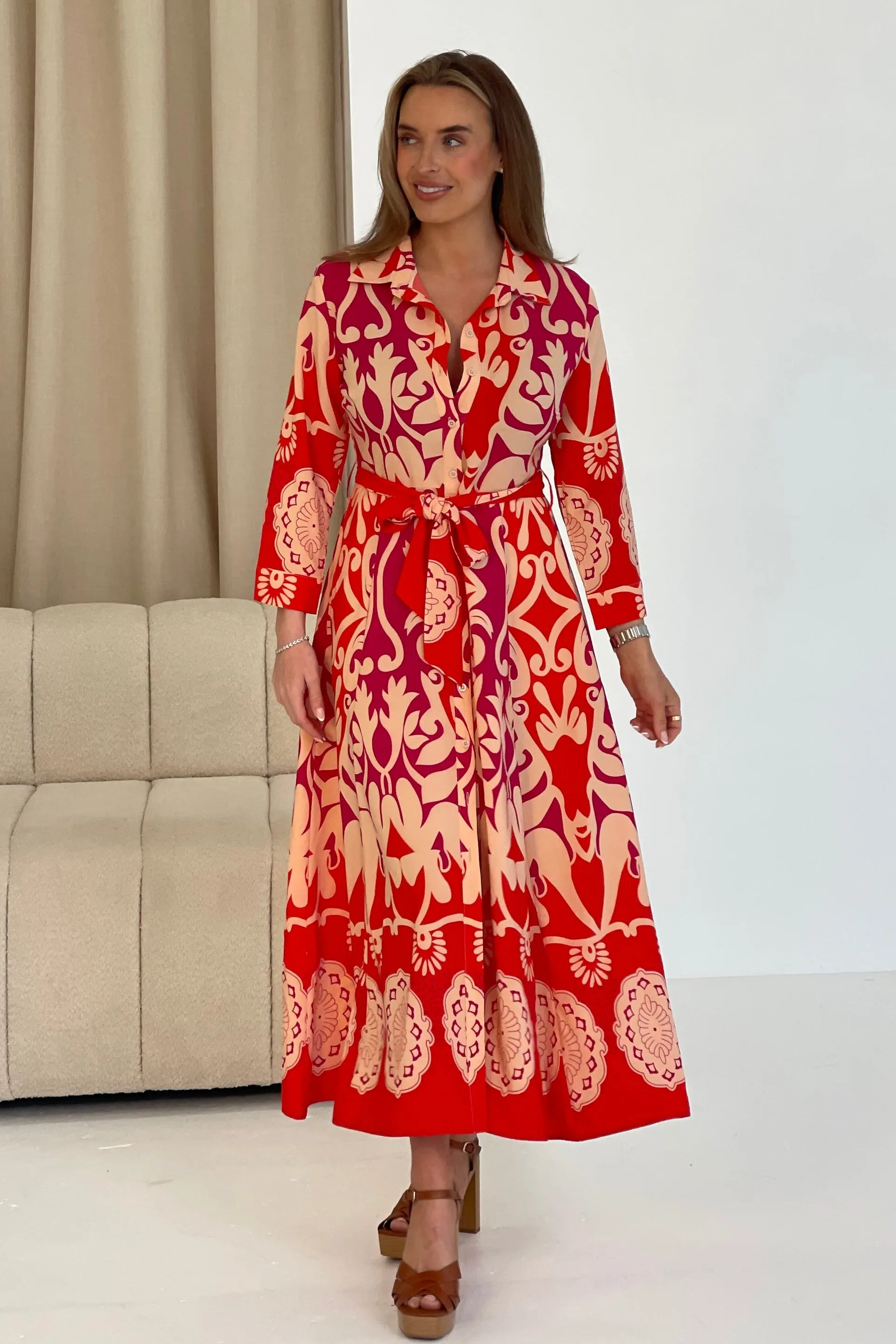 Angela Red Abstract Border Print Maxi Dress