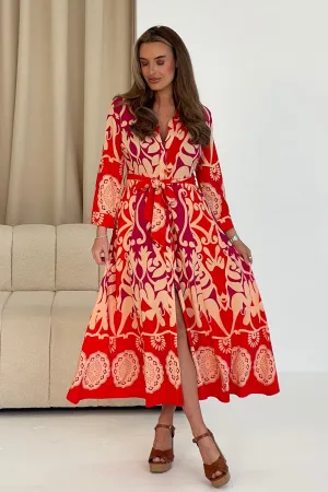 Angela Red Abstract Border Print Maxi Dress