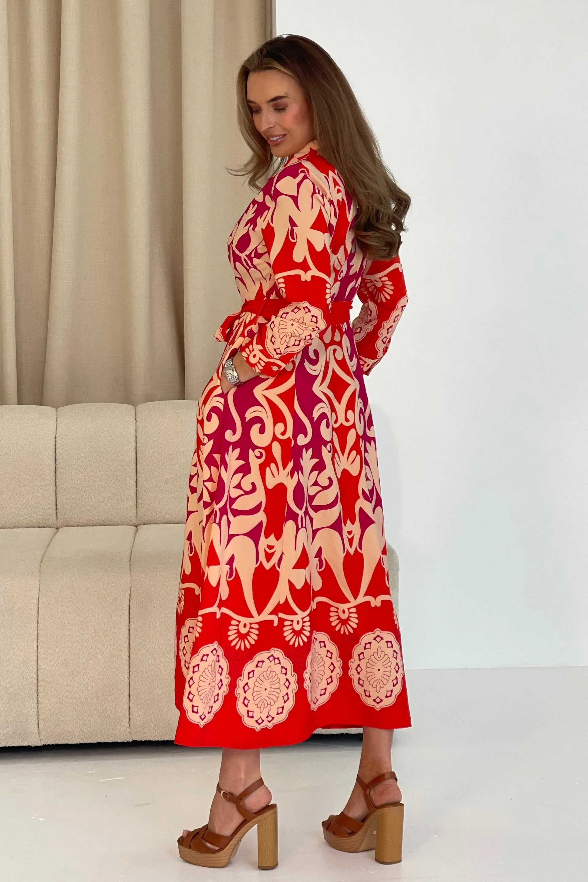 Angela Red Abstract Border Print Maxi Dress
