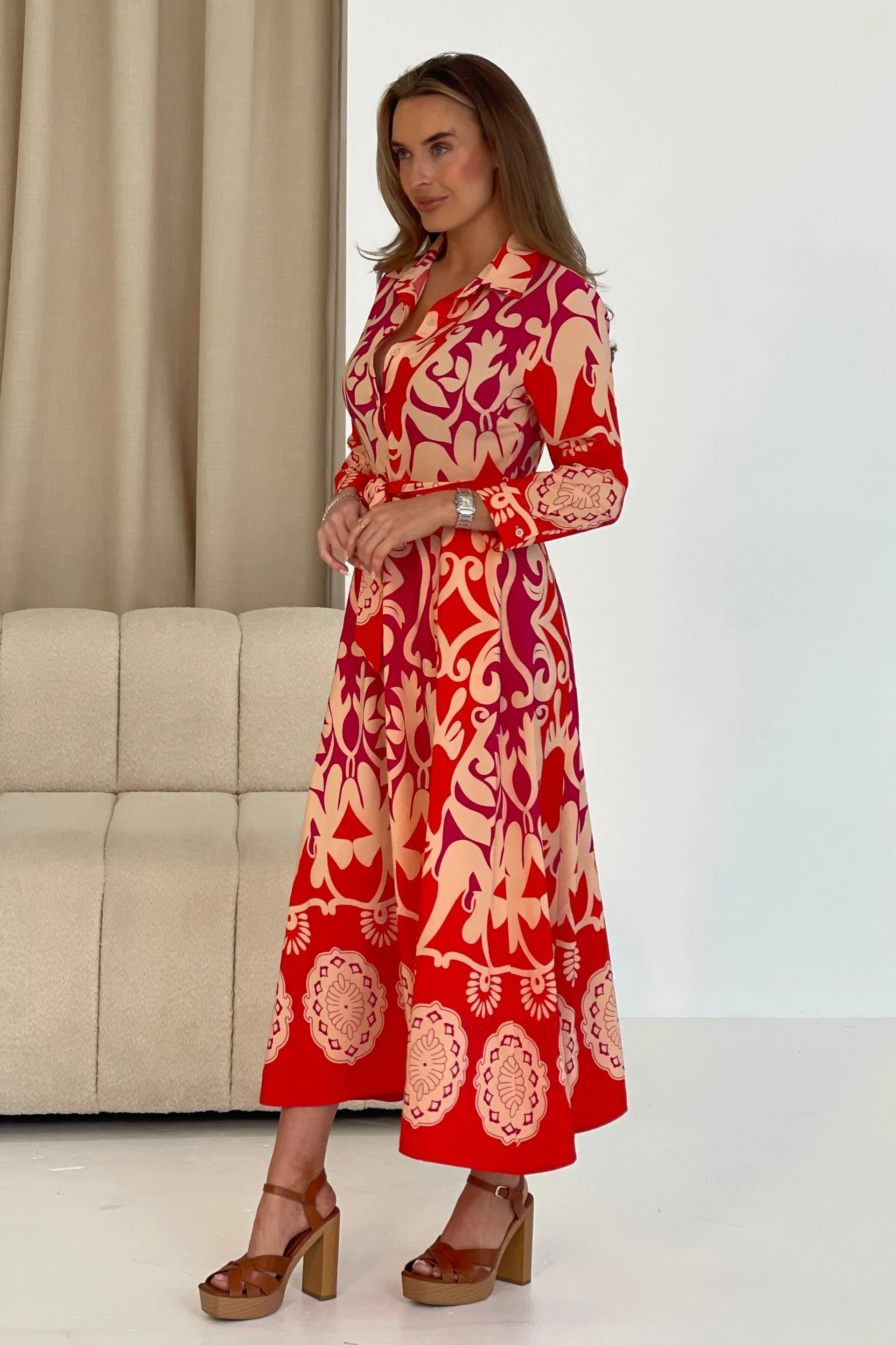 Angela Red Abstract Border Print Maxi Dress