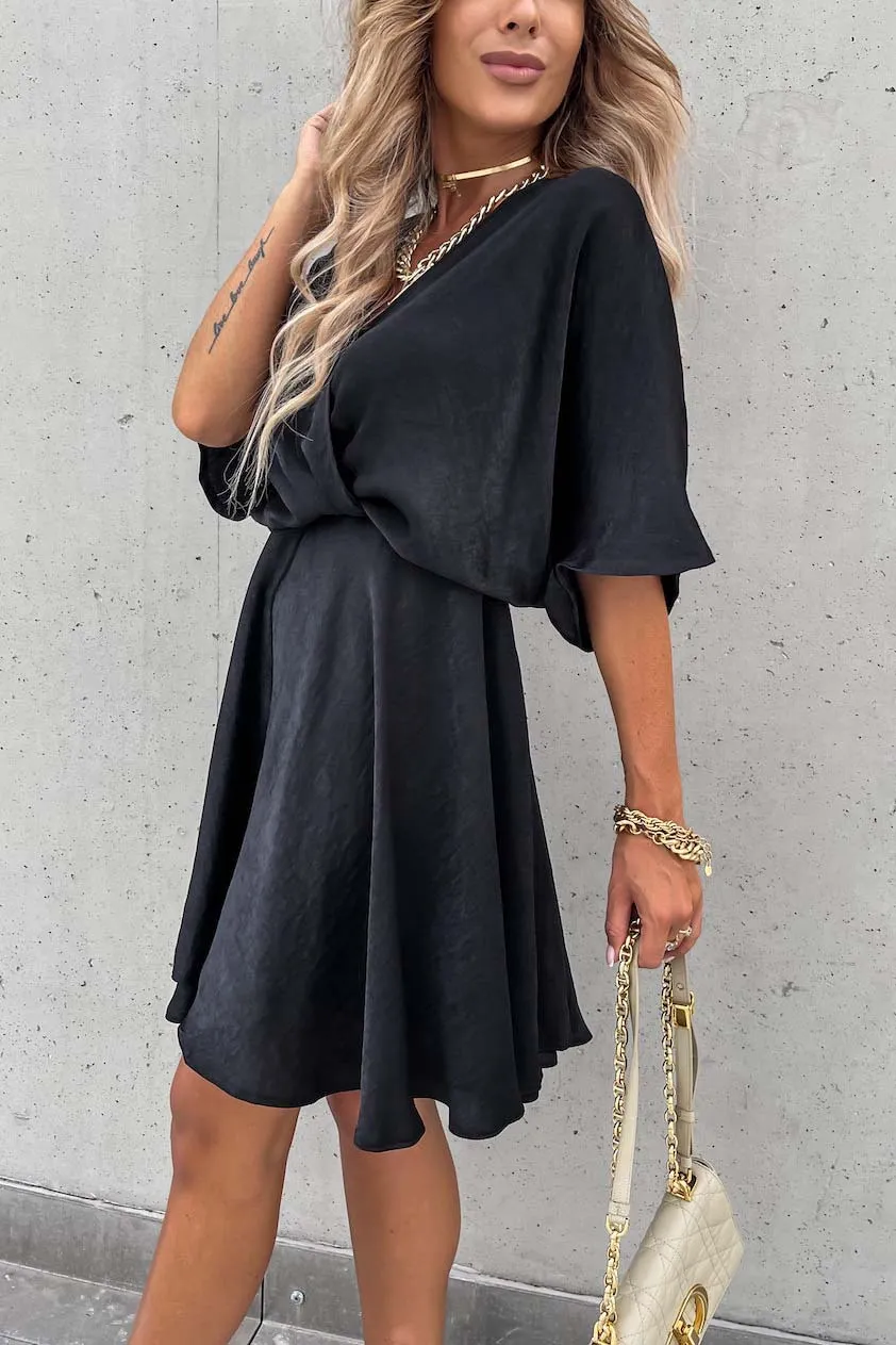 Batwing Sleeve Flowly V Neck Bat Mini Dress-AL9508