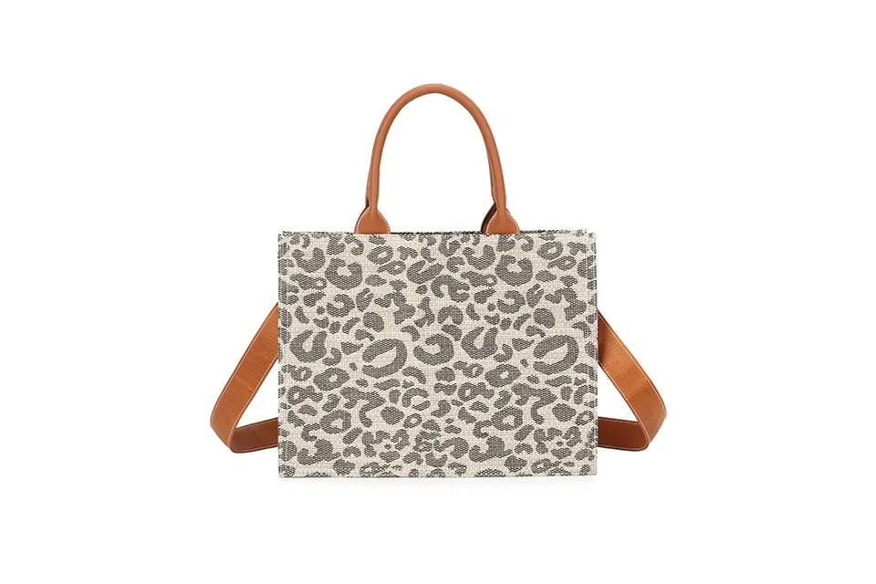 Beige & Tan Leopard Print Tote Handbag