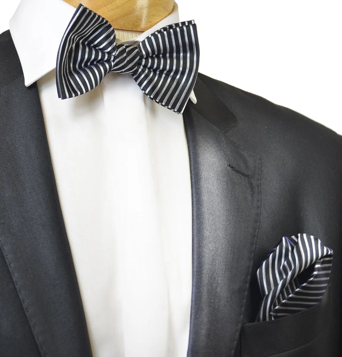 Black and Silver Striped Silk Bow Tie