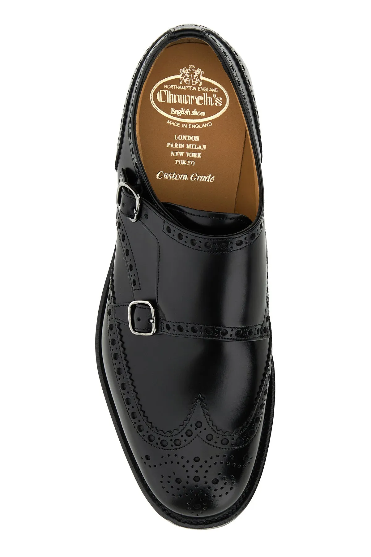 Black leather Pitchford mock strap shoes