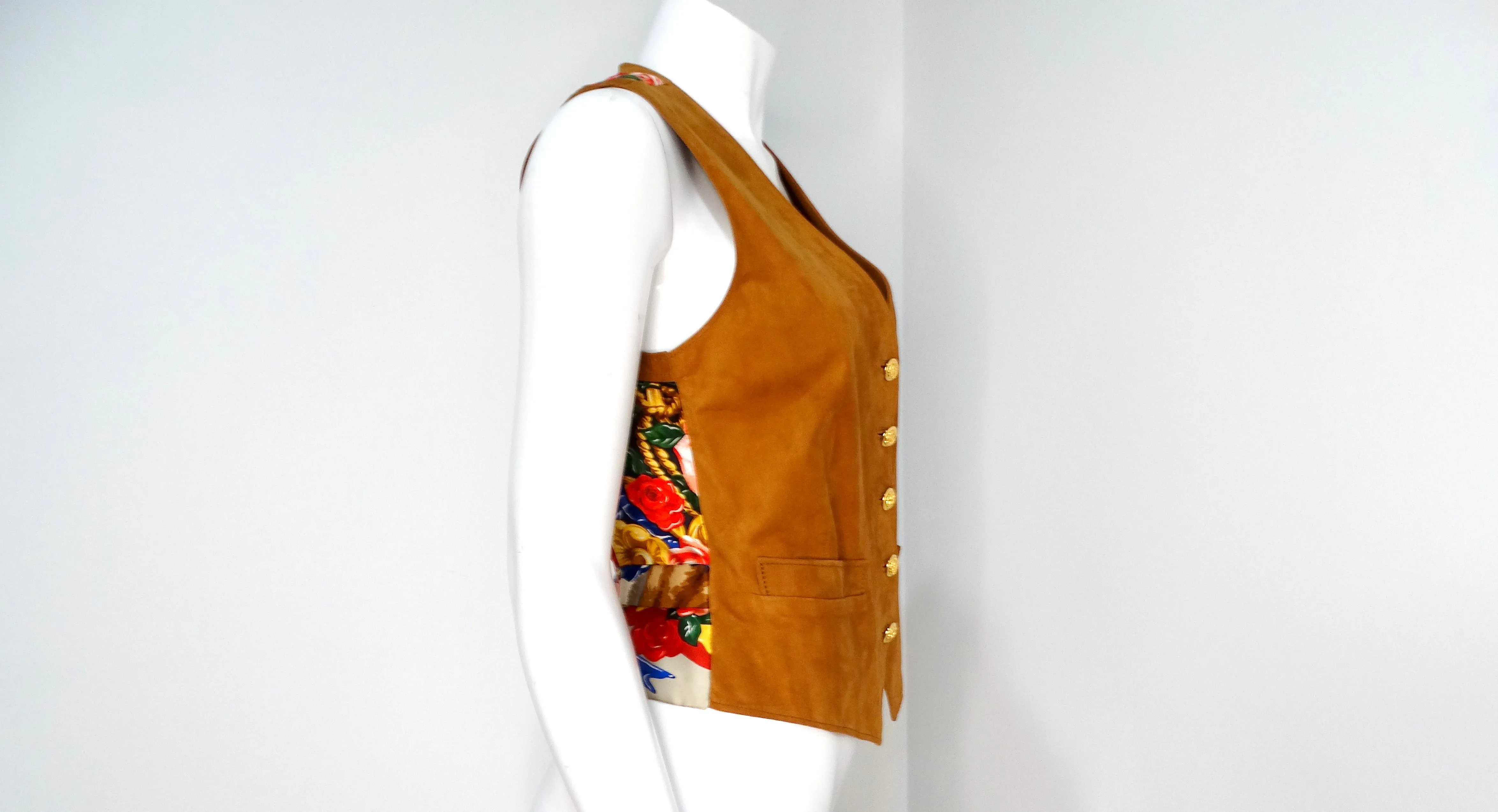 Brown Suede and Silk Printed Horse & Flowers Motif Vest