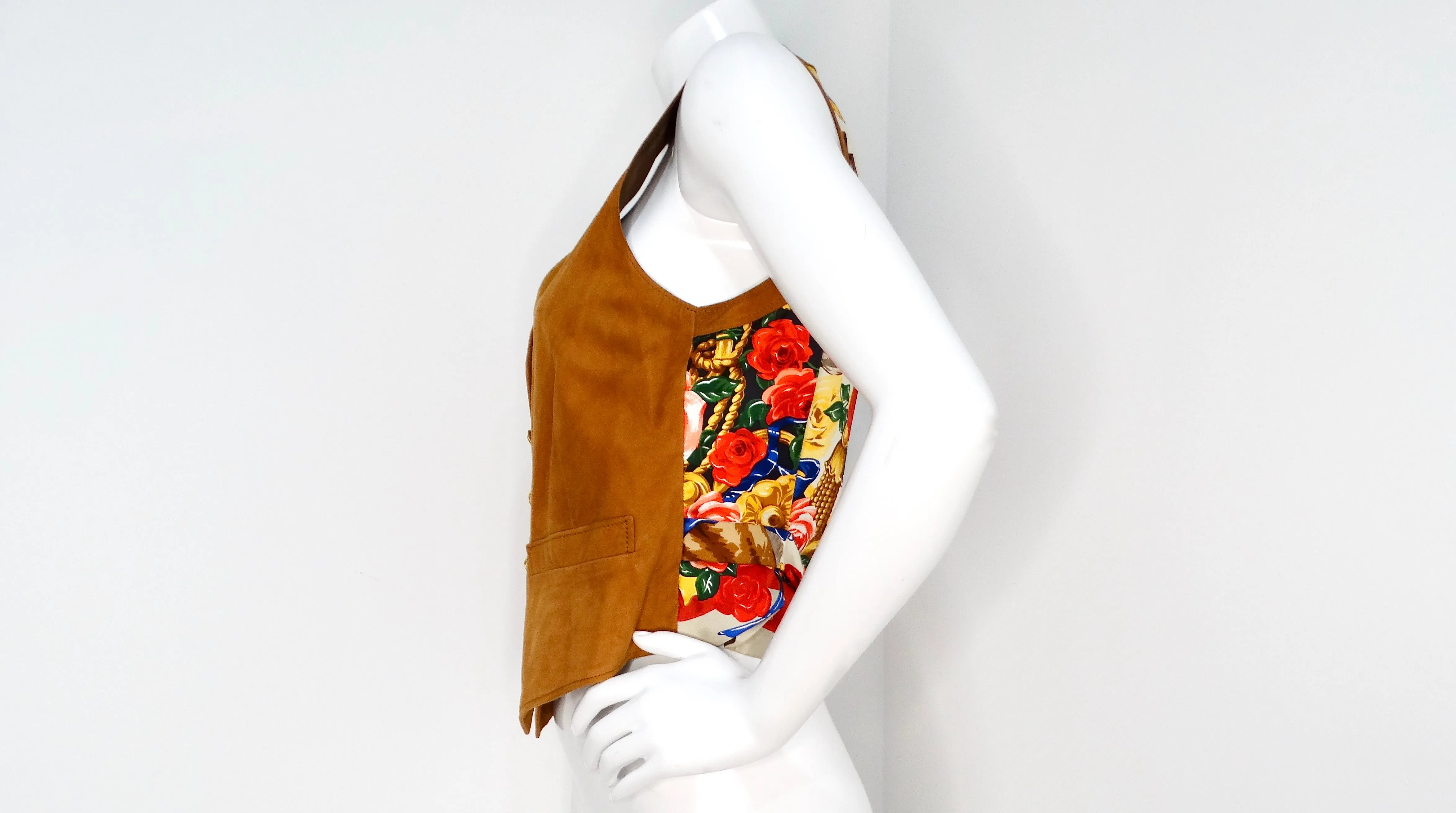 Brown Suede and Silk Printed Horse & Flowers Motif Vest