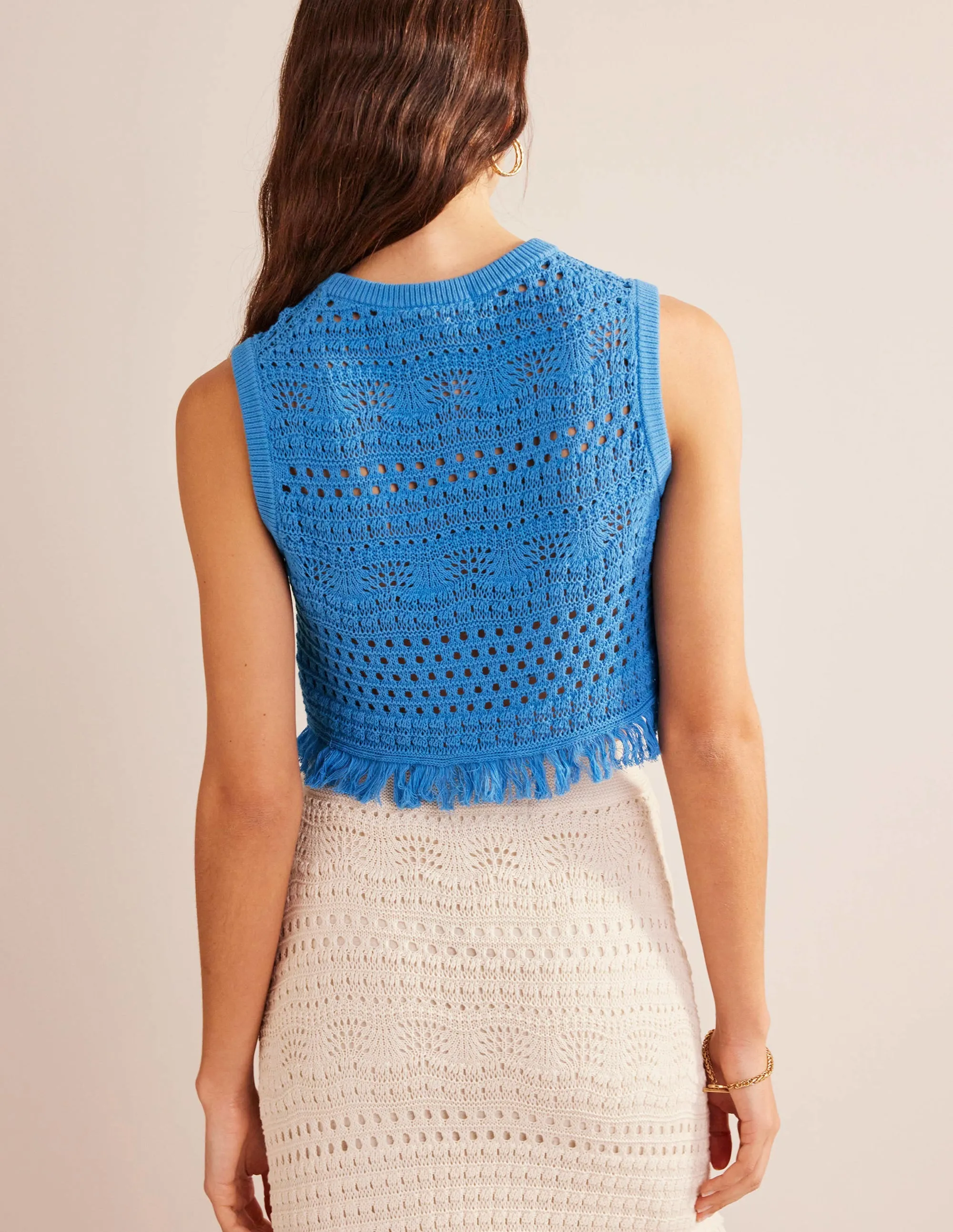 Cropped Fringe Crochet Tank-Porcelain Blue