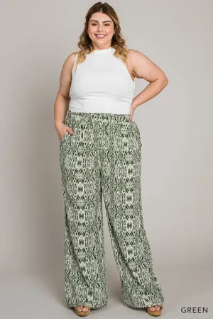 Curvy Boho Ethnic Prints Smocking Detailed Waist Pants - Green