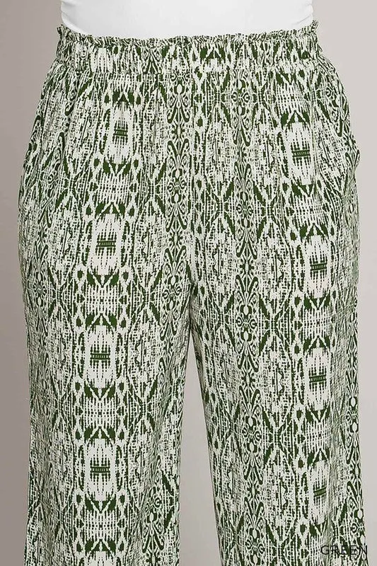 Curvy Boho Ethnic Prints Smocking Detailed Waist Pants - Green
