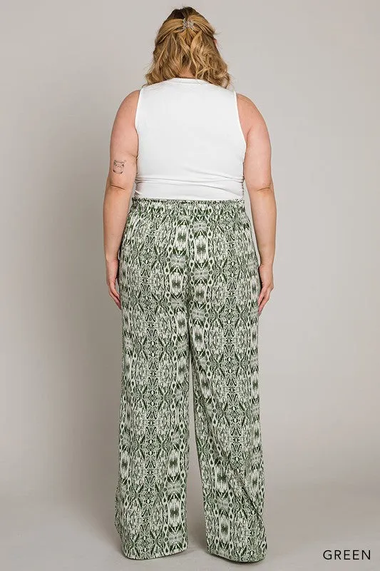 Curvy Boho Ethnic Prints Smocking Detailed Waist Pants - Green