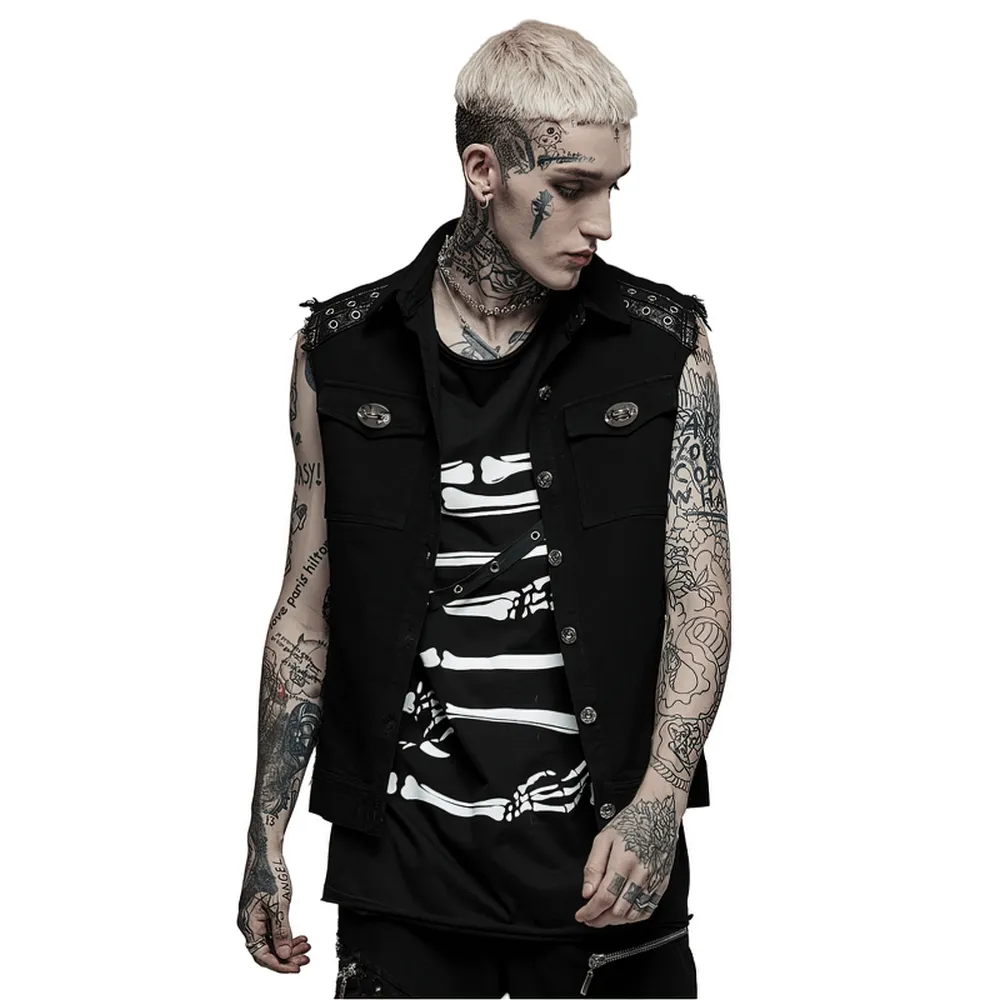 Edgy Punk Sleeveless Twill Vest with Metal Accents
