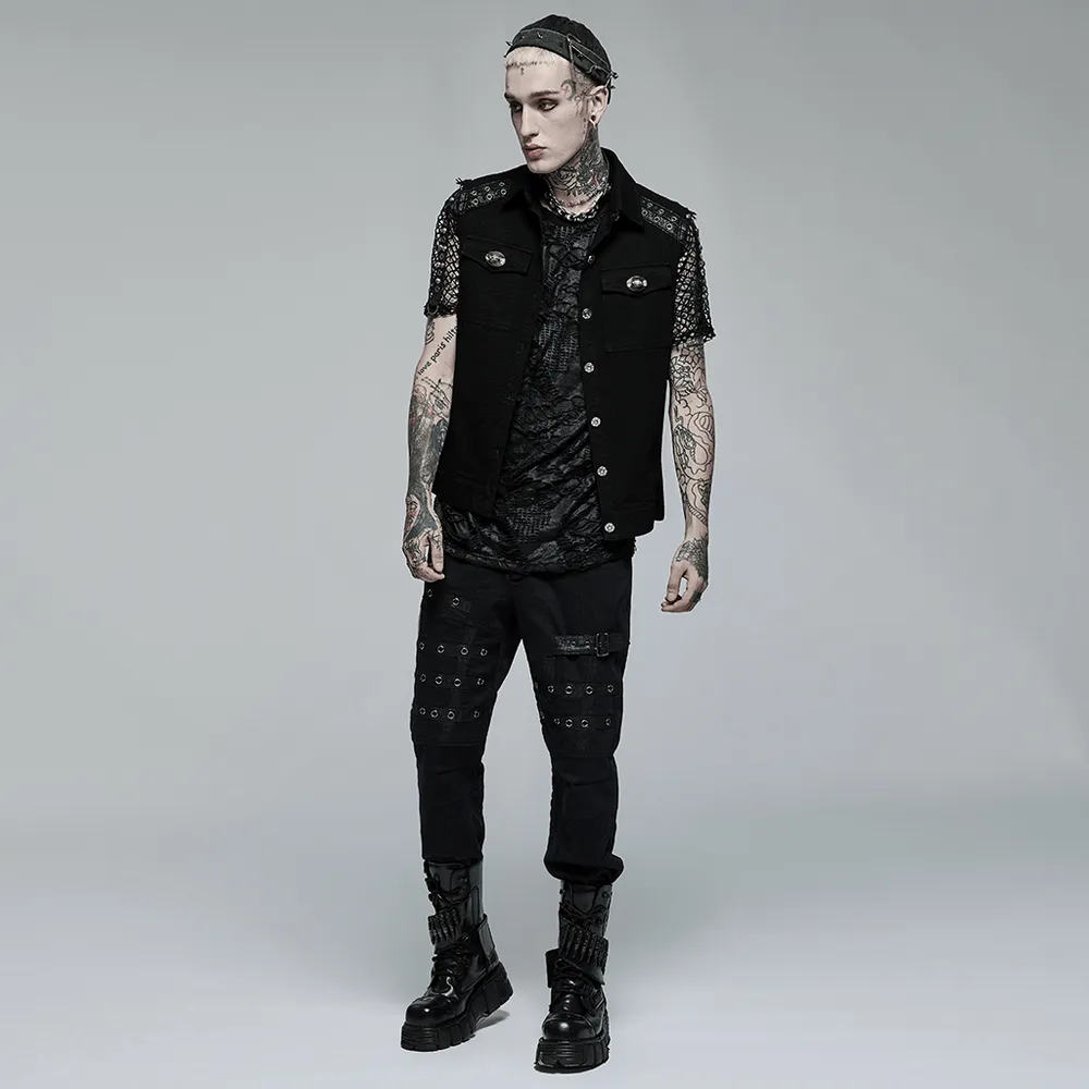 Edgy Punk Sleeveless Twill Vest with Metal Accents