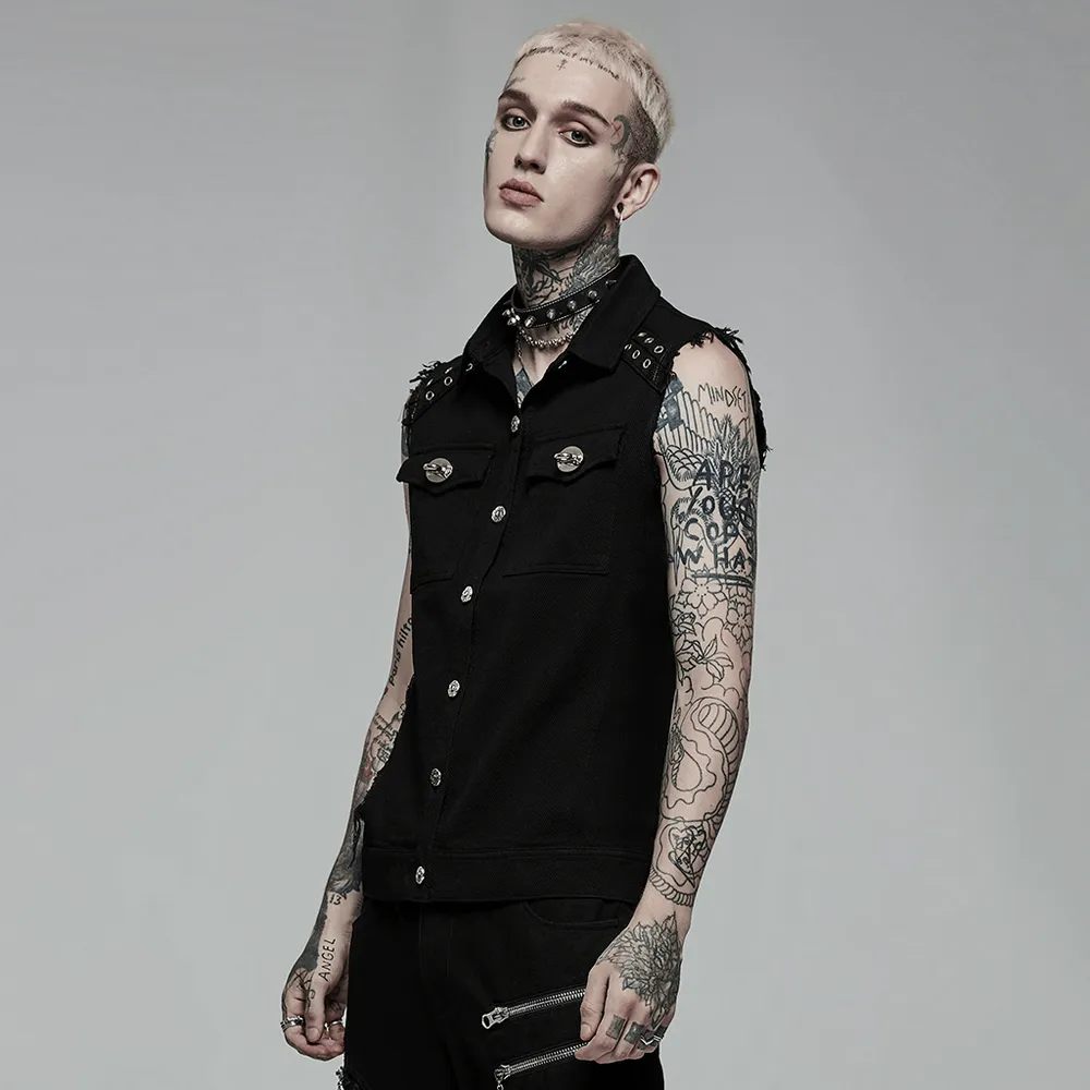 Edgy Punk Sleeveless Twill Vest with Metal Accents