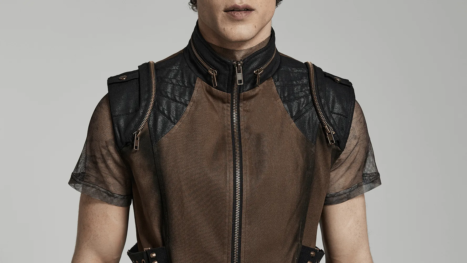 Edgy Punk Stand Collar Vest with Zipper and Buckles