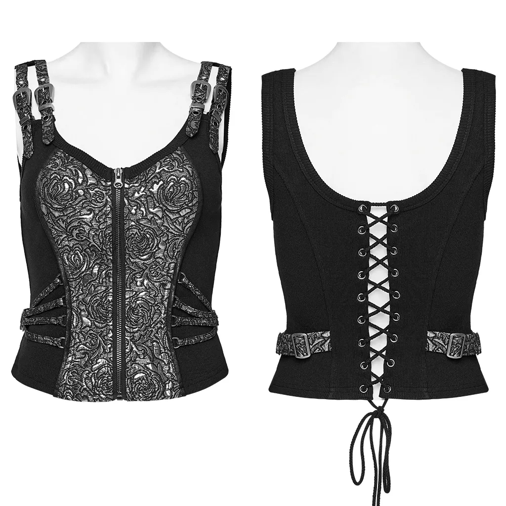 Edgy Steampunk Zippered Jacquard Waistcoat for Women