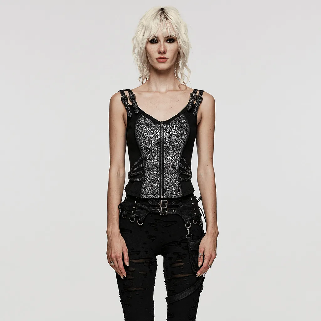Edgy Steampunk Zippered Jacquard Waistcoat for Women