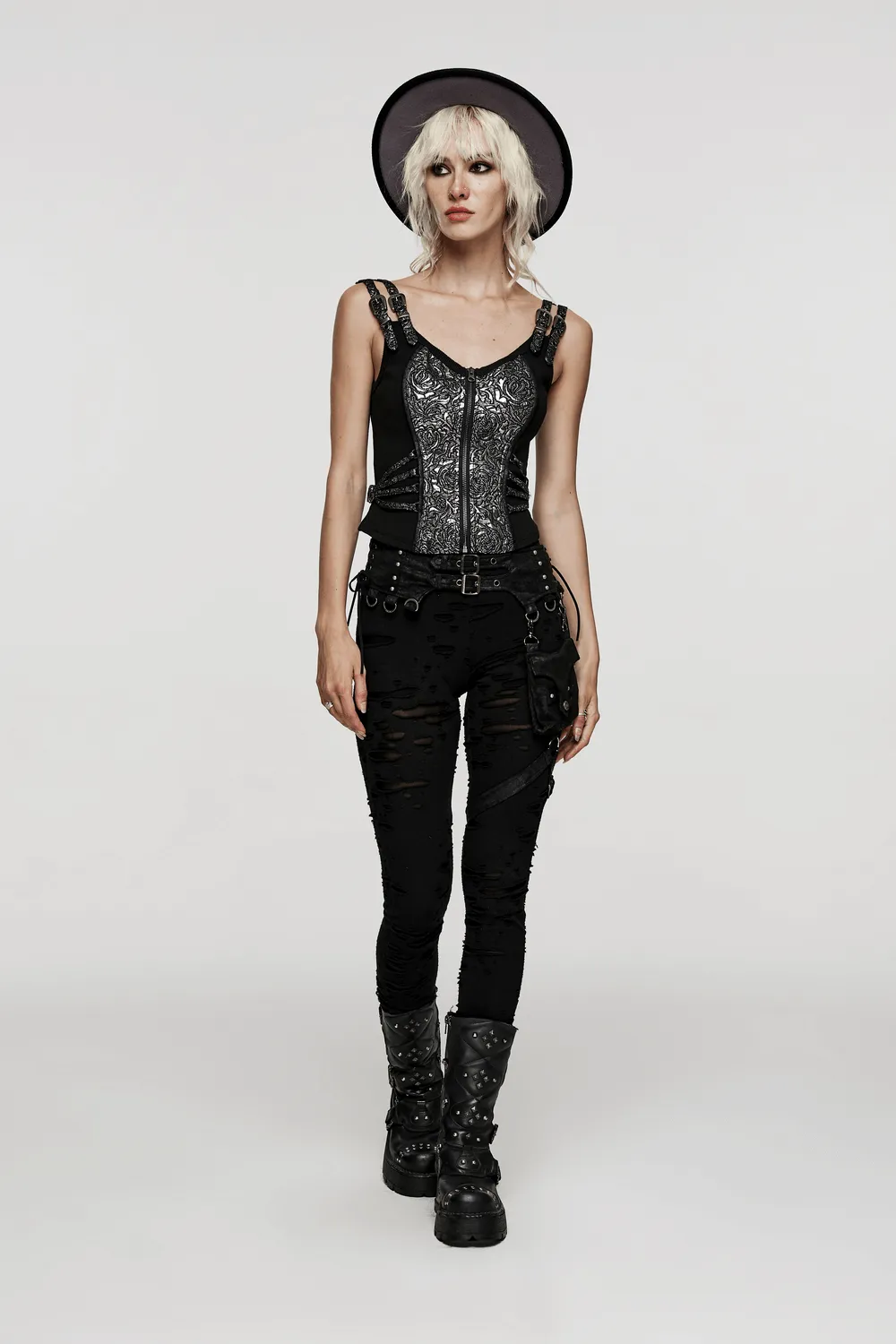 Edgy Steampunk Zippered Jacquard Waistcoat for Women
