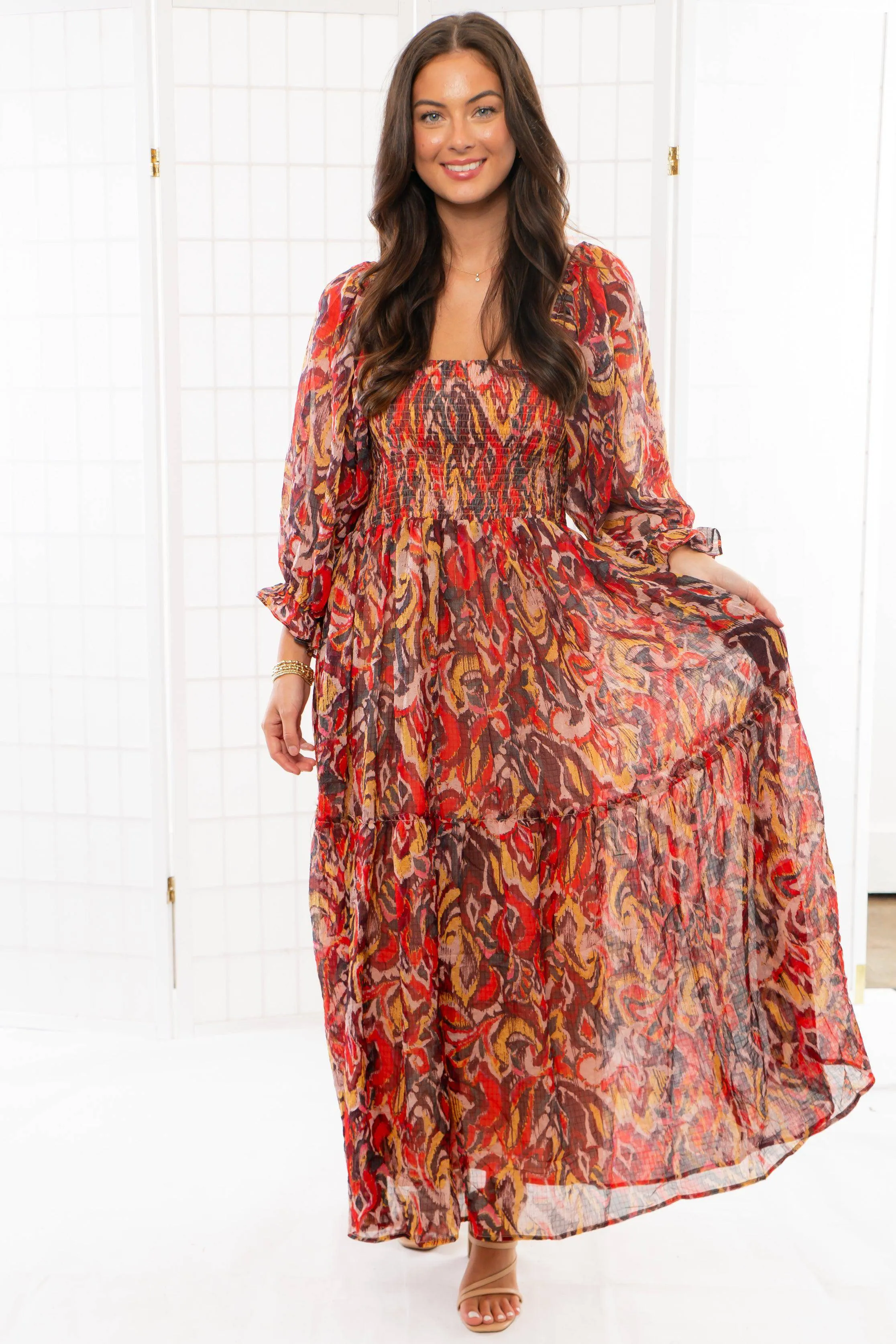 Fall Spice Crinkle Chiffon Smocked Midi Dress