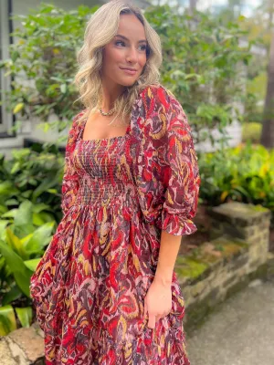 Fall Spice Crinkle Chiffon Smocked Midi Dress