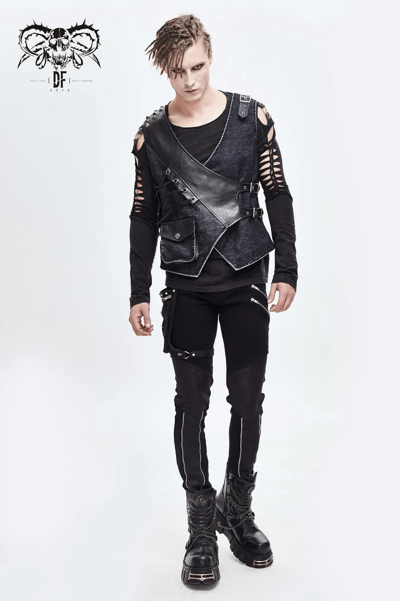 Faux Leather Waistcoats With Pockets / Punk Style Vest with Buckles / Vintage Vest for Men