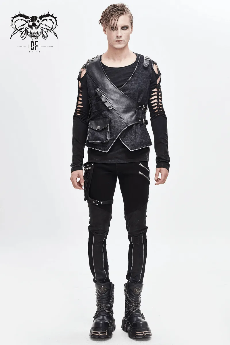 Faux Leather Waistcoats With Pockets / Punk Style Vest with Buckles / Vintage Vest for Men