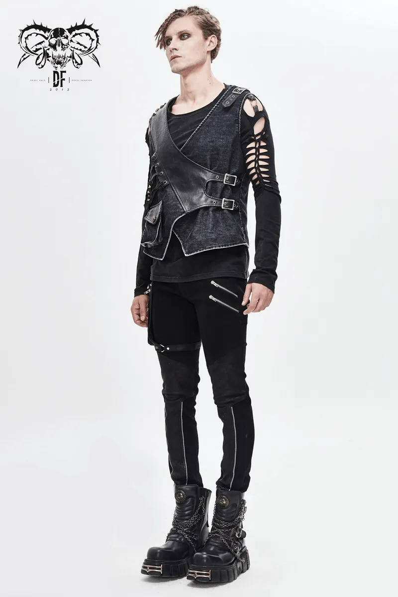Faux Leather Waistcoats With Pockets / Punk Style Vest with Buckles / Vintage Vest for Men