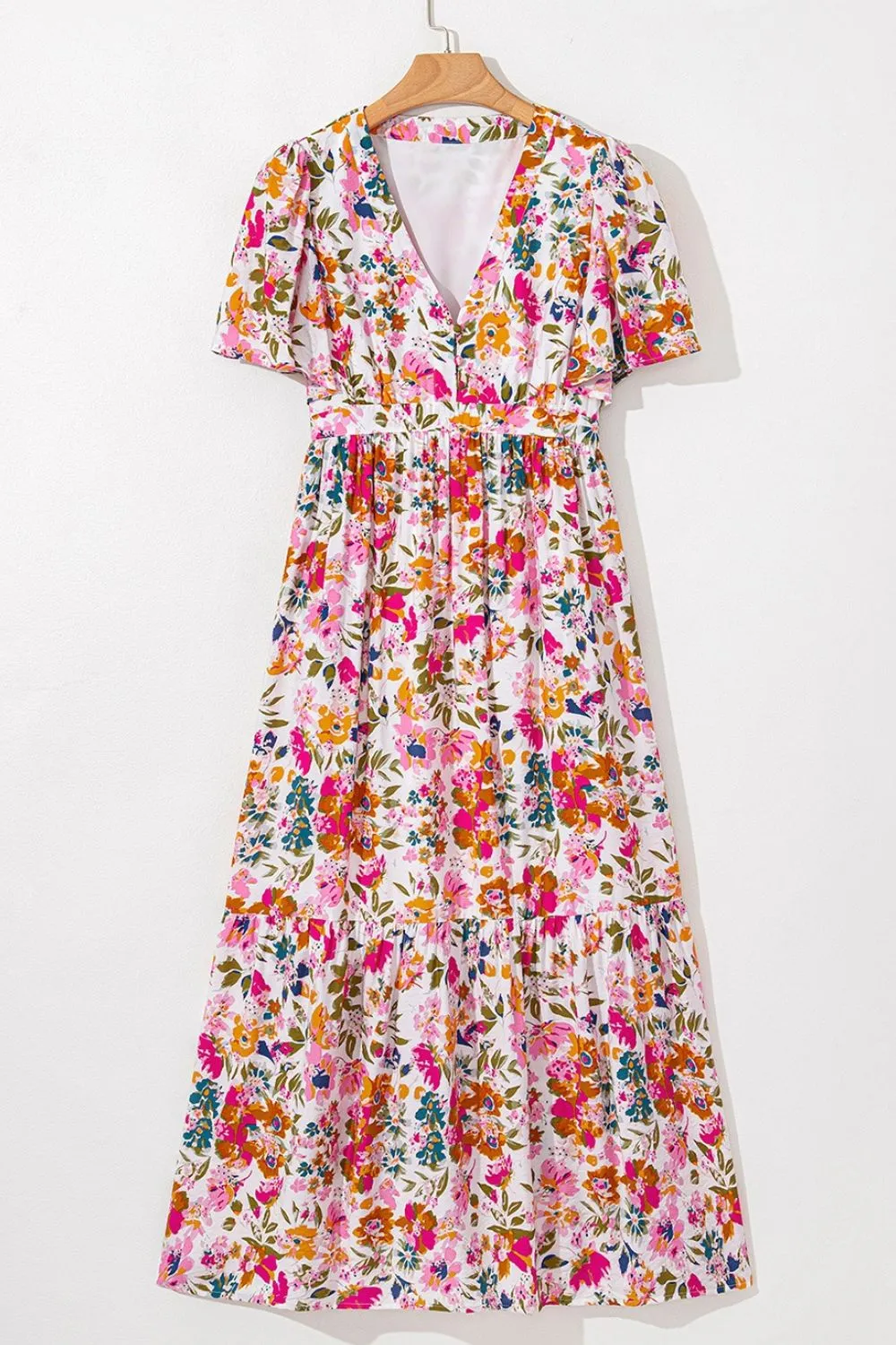 Floral Short Sleeve V Neck Dress with Pockets