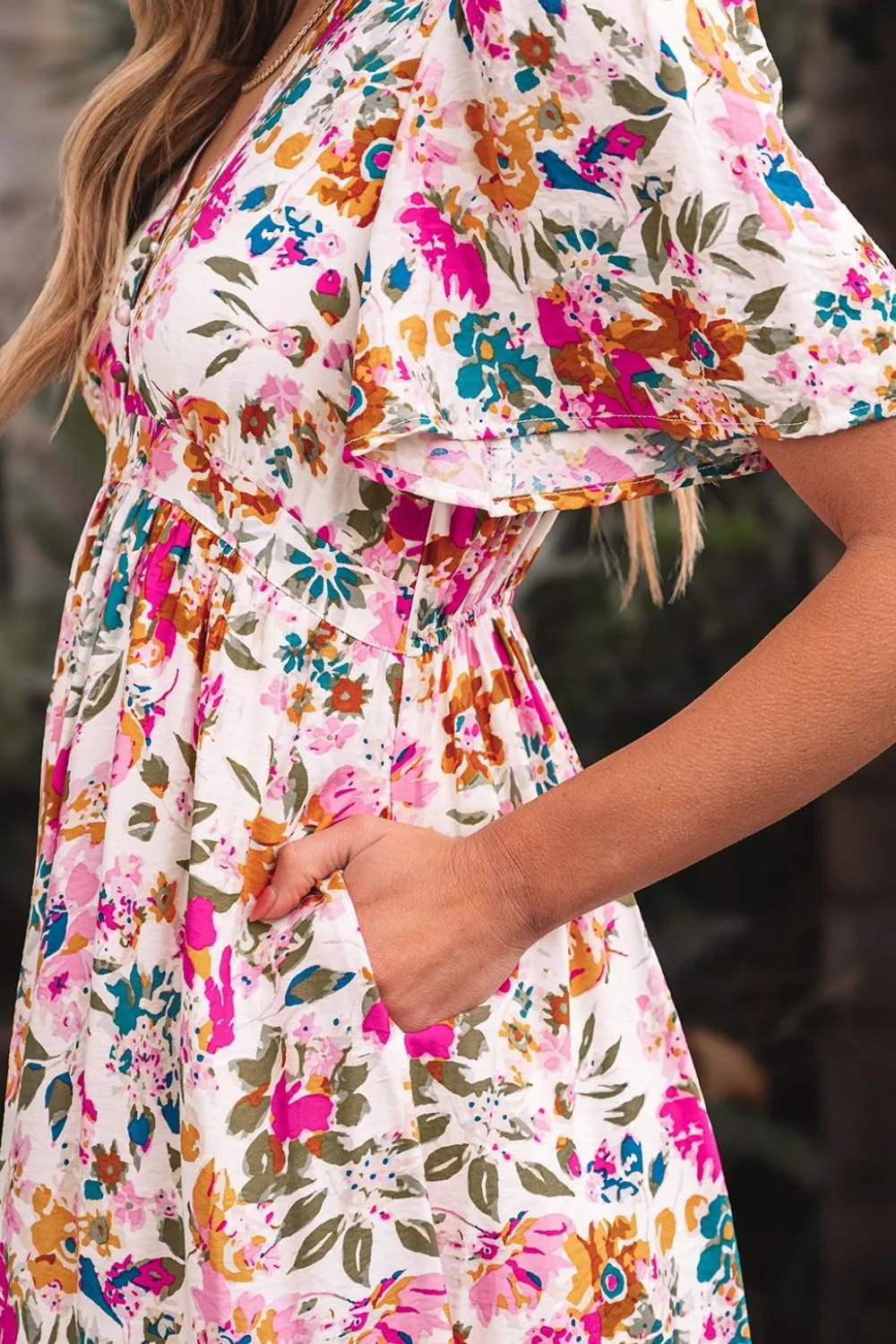 Floral Short Sleeve V Neck Dress with Pockets