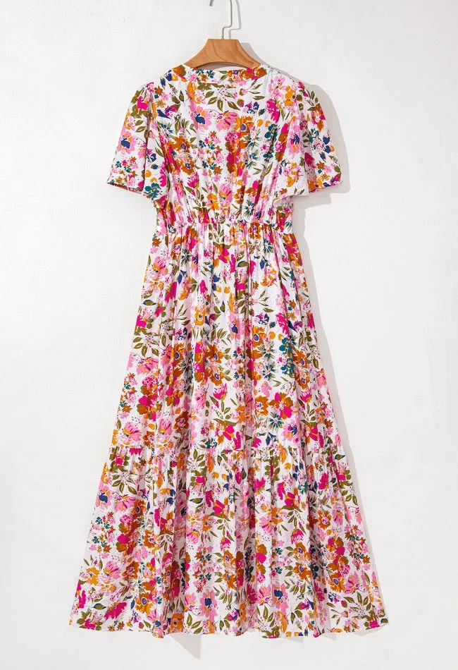 Floral Short Sleeve V Neck Dress with Pockets