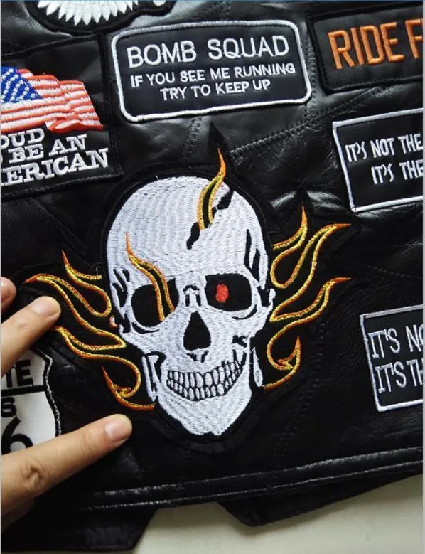 Genuine Leather Biker Vest With Patches / Rock Style Skull US Flag Eagle / Edgy Clothing