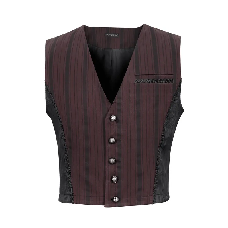 Gothic Wine Red Stripes Waistcoat with Datachable Swallow Tail / Male V-Neck Buttons Waistcoat