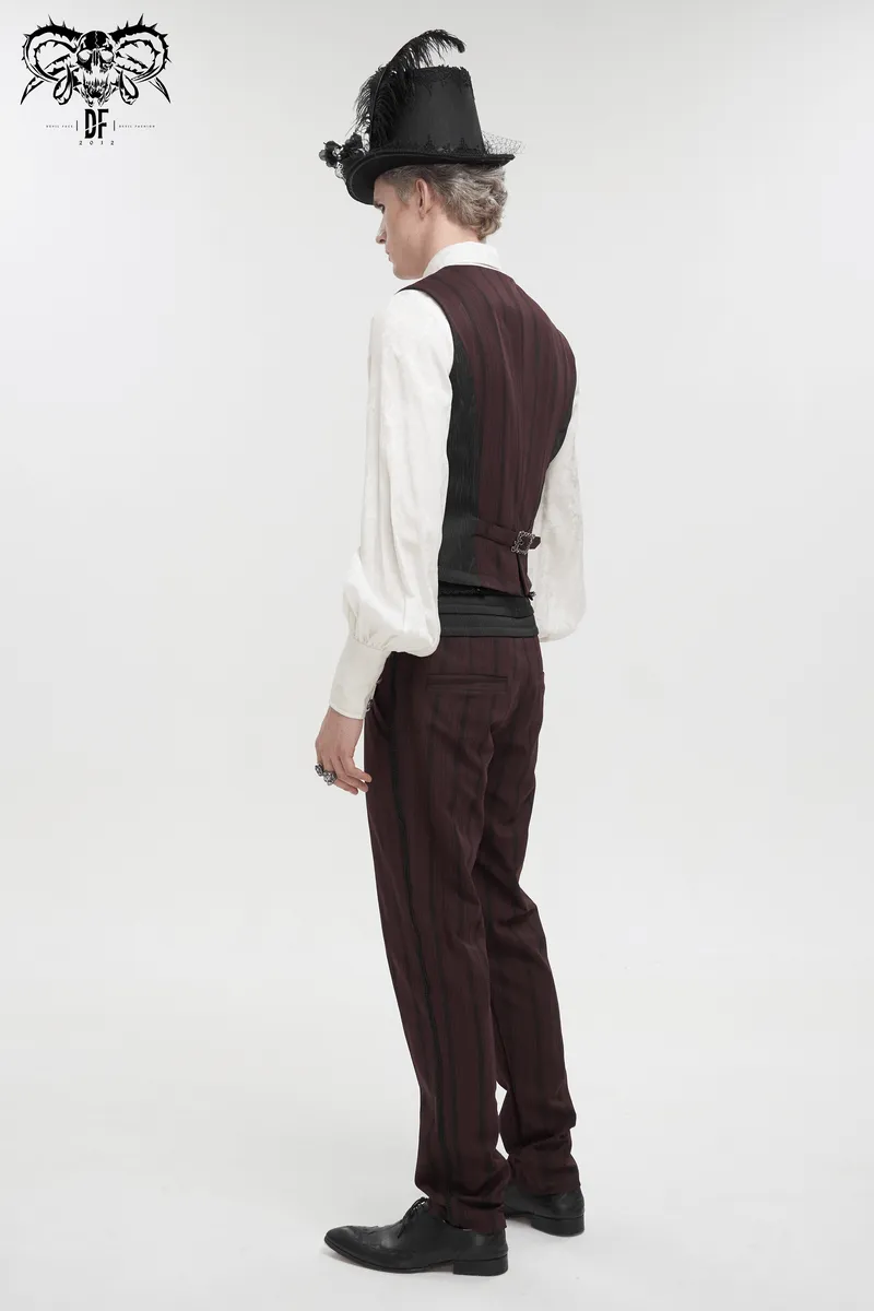 Gothic Wine Red Stripes Waistcoat with Datachable Swallow Tail / Male V-Neck Buttons Waistcoat