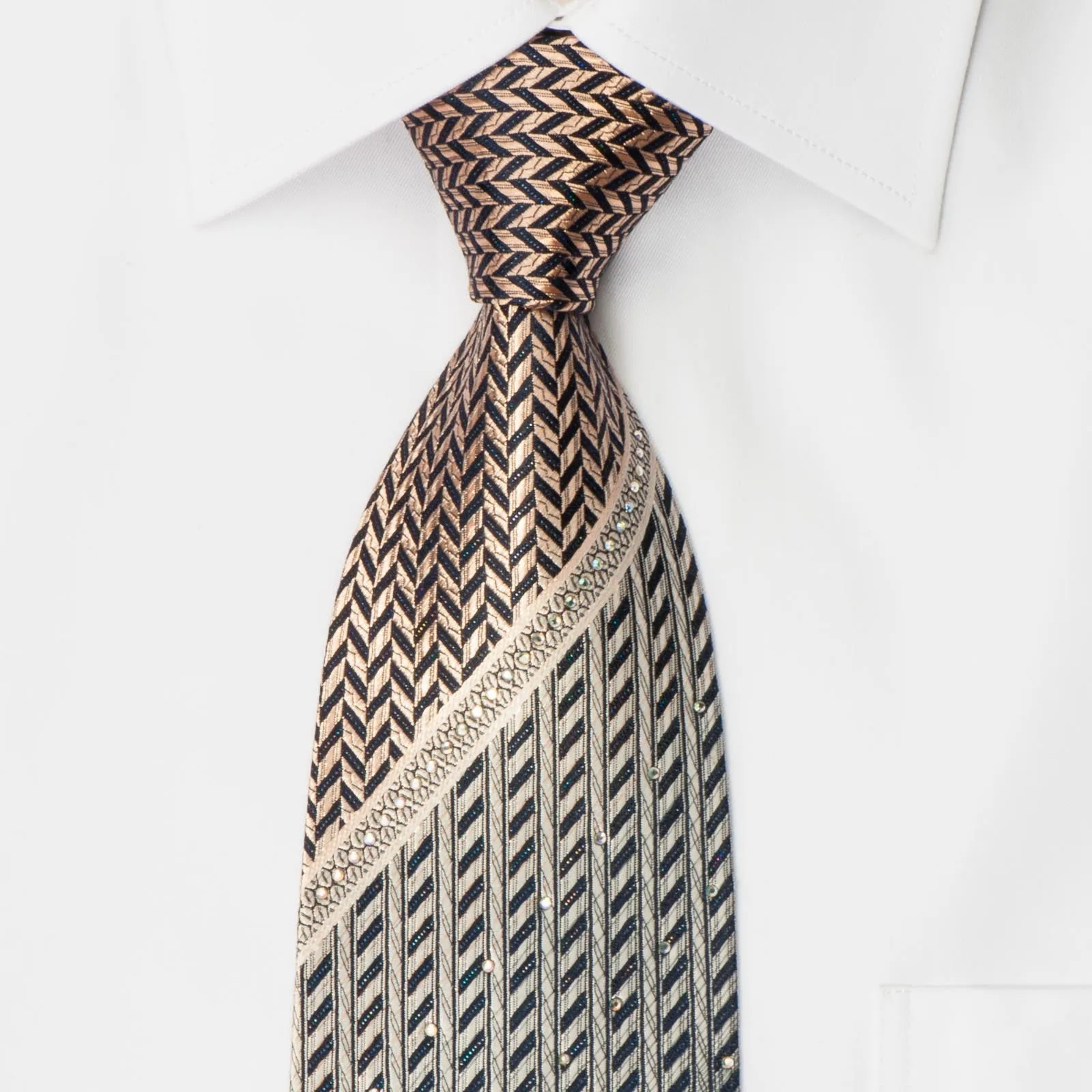 Grand Jour Men's Silk Rhinestone Neck Tie Gold Silver Herringbone With Silver Sparkles