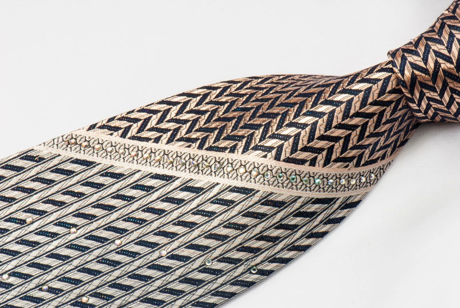 Grand Jour Men's Silk Rhinestone Neck Tie Gold Silver Herringbone With Silver Sparkles