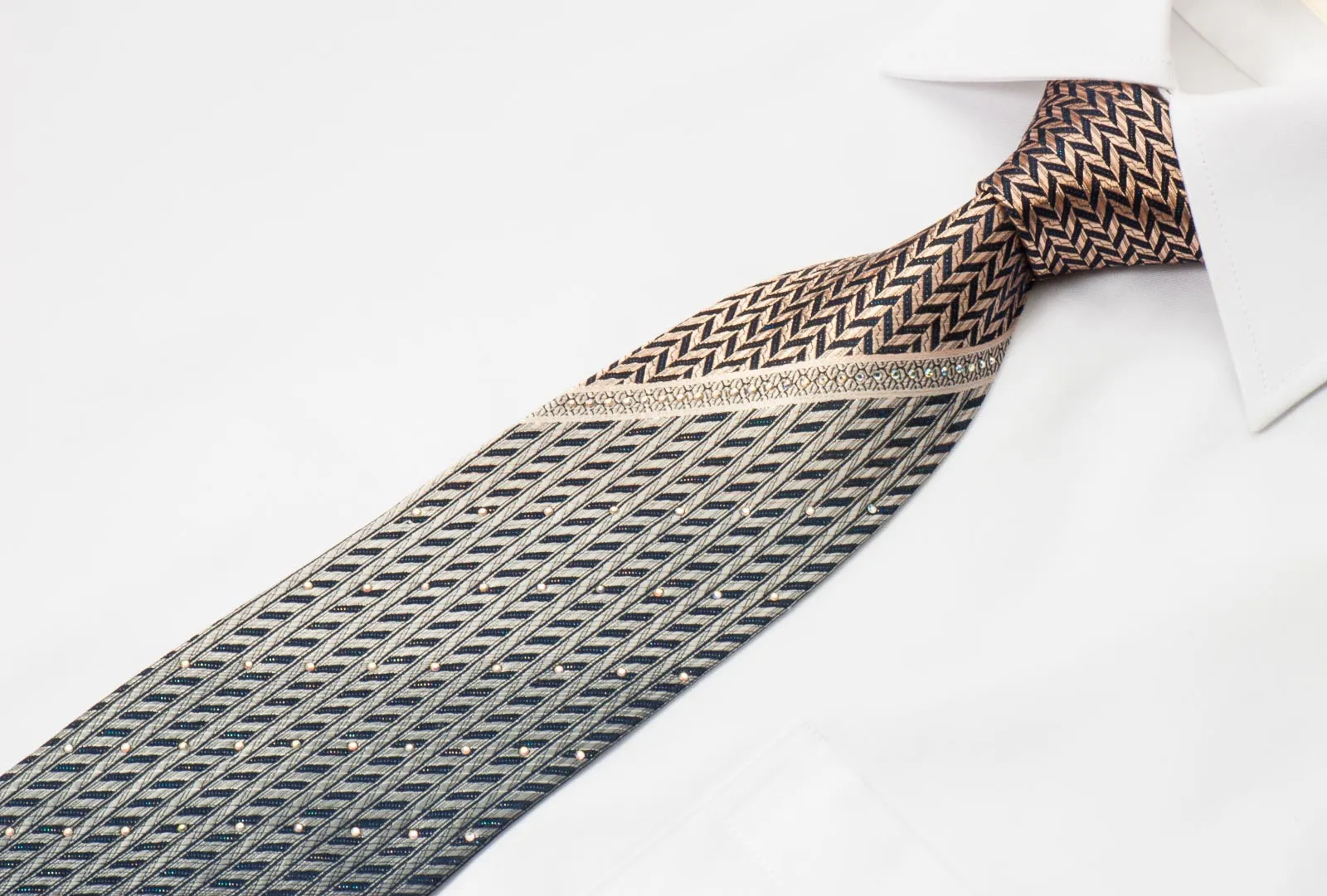 Grand Jour Men's Silk Rhinestone Neck Tie Gold Silver Herringbone With Silver Sparkles