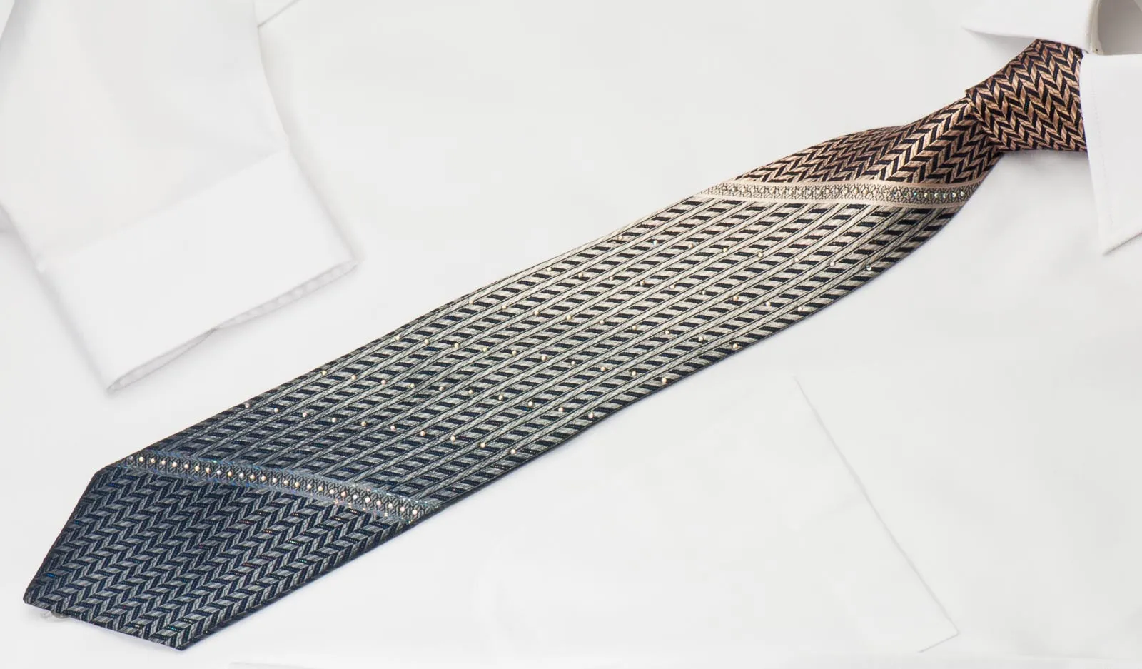 Grand Jour Men's Silk Rhinestone Neck Tie Gold Silver Herringbone With Silver Sparkles