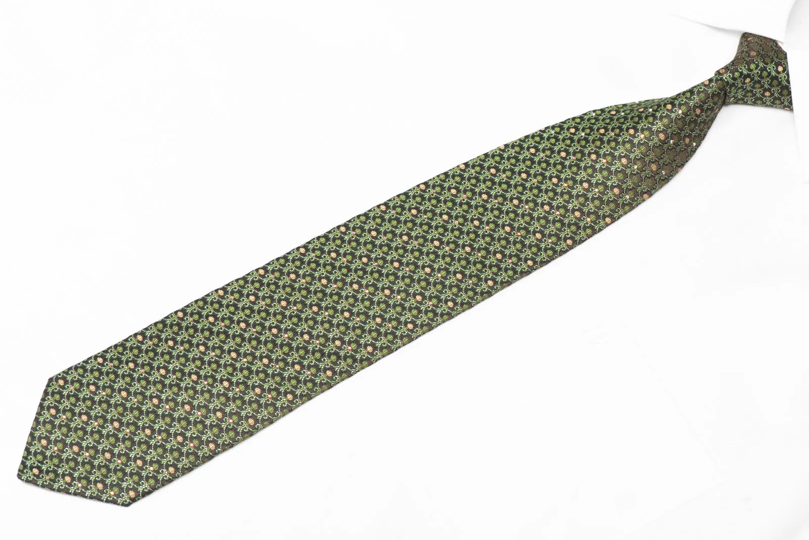 Green Gold Filigree On Brown Rhinestone Silk Necktie With Sparkles