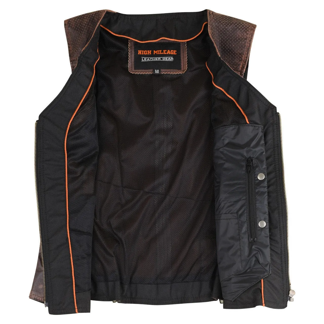 High Mileage Womens Vintage Brown Premium Cowhide Biker Motorcycle Leather Vest With Buckles