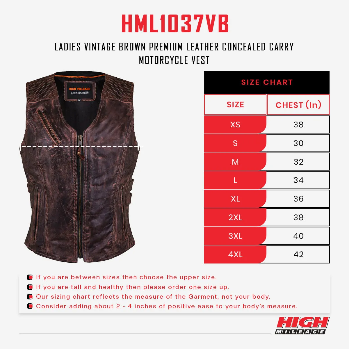 High Mileage Womens Vintage Brown Premium Cowhide Biker Motorcycle Leather Vest With Buckles