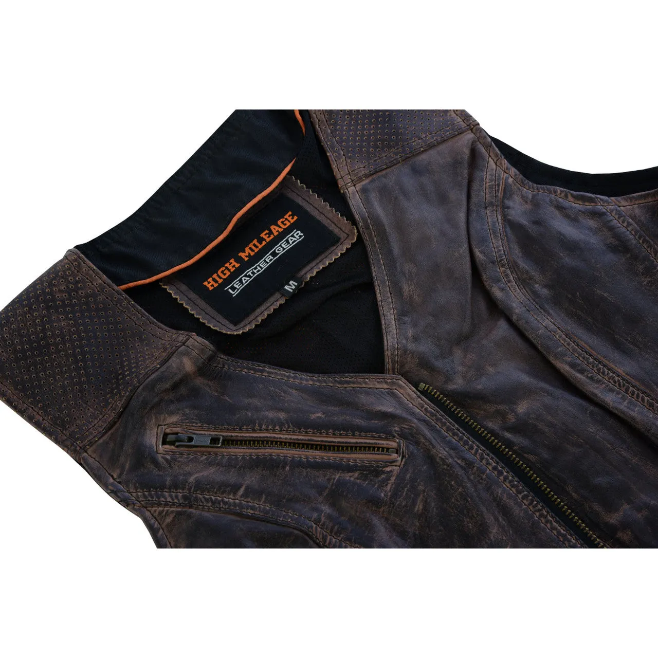 High Mileage Womens Vintage Brown Premium Cowhide Biker Motorcycle Leather Vest With Buckles