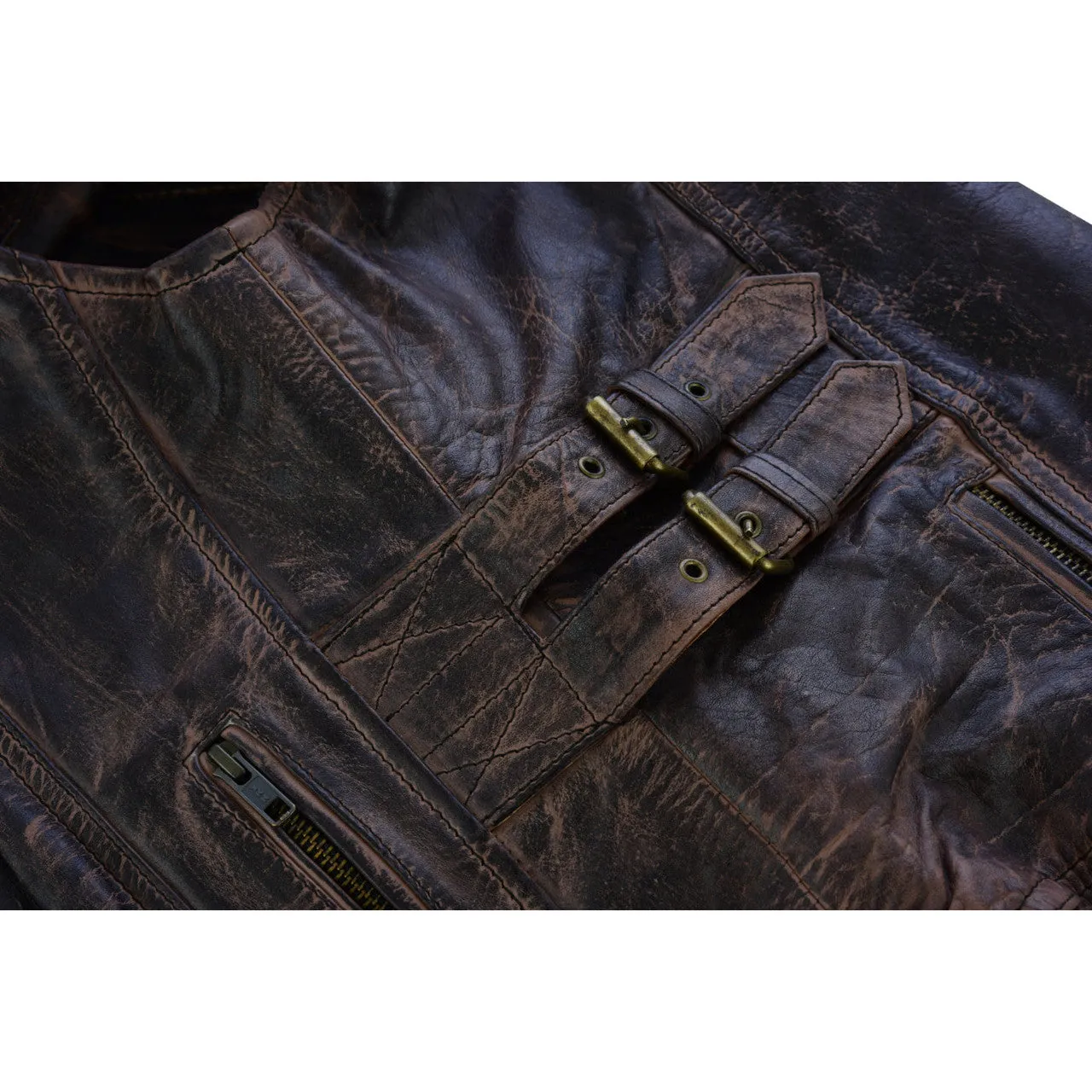 High Mileage Womens Vintage Brown Premium Cowhide Biker Motorcycle Leather Vest With Buckles
